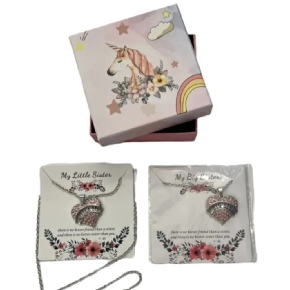 SALE!!‎ 2 for $15 Big Sister Little Sister PINK Necklace Set UNICORN GIFT BOX